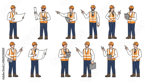 Construction Worker Vector Set – Cartoon Professionals in Safety Gear Performing Planning and Communication Tasks for Industry Graphics, Teamwork Posters, and Educational Projects