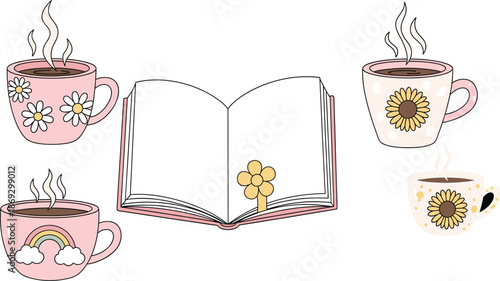 Cozy Aesthetic Coffee and Reading Set with Pink Floral Mugs, Rainbow Cup, and Open Blank Book.