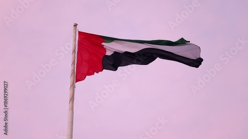 National symbol of UAE, flag waving in the sunset sky