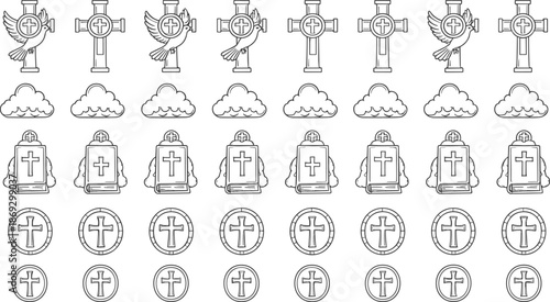 Christian Religious Icon Set with Crosses, Holy Bible, Clouds, and Dove Symbols in Line Art Style.