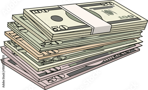 A vector illustration of a thick stack of United States dollar bills, featuring visible 50 and 100 denominations, secured with a white paper currency strap.