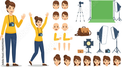 Female Photographer Character Construction Kit with Camera, Studio Lighting, Tripod, and Green Screen Backdrop.