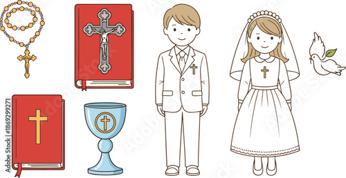 First Holy Communion Character Set with Boy in Suit, Girl in White Dress, Holy Bible, Rosary, and Chalice.