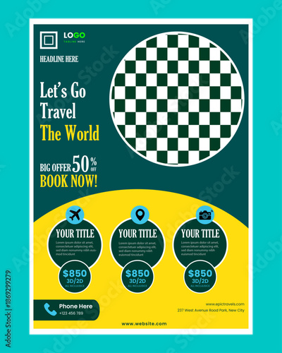 set of travel flyer template for holiday in black and orange color. A4 size travel brochure design.