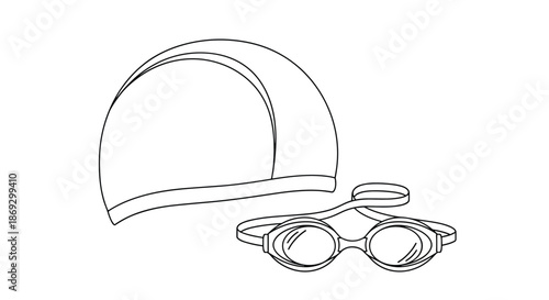 Simple line drawing of a swimming cap and a pair of goggles is shown in black and white for sports or leisure activities.
