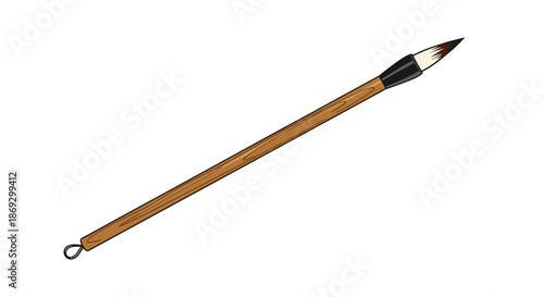 Traditional oriental calligraphy brush with a long wooden handle and a fine tip is isolated on a plain white background.