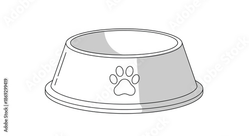 Simple gray and white illustration of an empty pet food bowl featuring a paw print icon on the side for dog or cat themes.