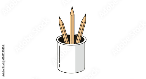 Three sharpened pencils standing in a simple white container or cup is isolated on a clean white background for office themes.