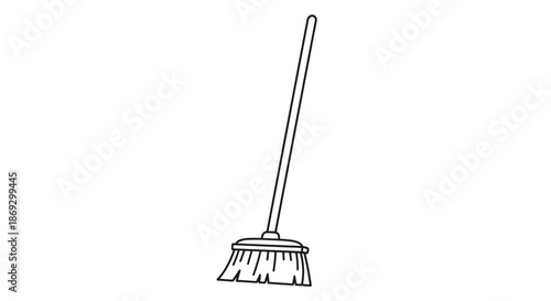 Simple black and white line drawing of a long-handled broom for cleaning floors is isolated on a white background.