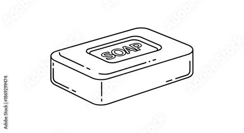 Black and white line art drawing of a bar of soap with the word soap engraved on its surface for hygiene or cleaning designs.