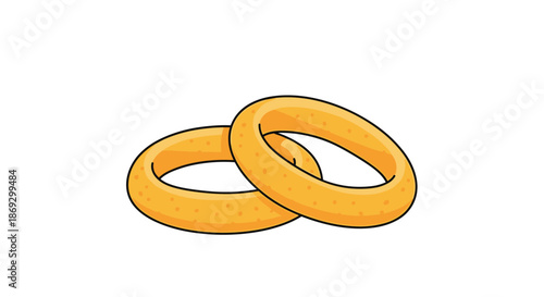 Pair of golden brown fried onion rings or snacks are illustrated against a white background for food or fast food themes.