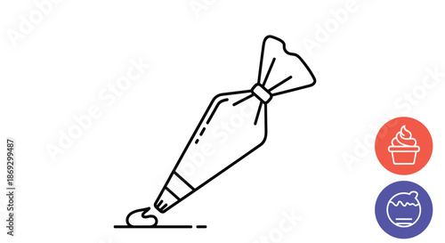 Black and white line art illustration of a pastry piping bag with a nozzle being used to decorate a dessert on a surface.