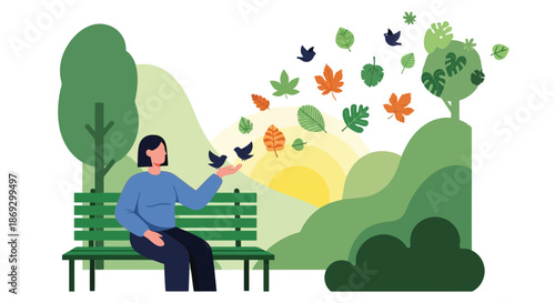 Illustration of woman sitting on a park bench feeding small birds with leaves floating in the air and a sunny landscape background