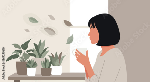 Illustration of woman drinking coffee by the window with potted plants and falling leaves