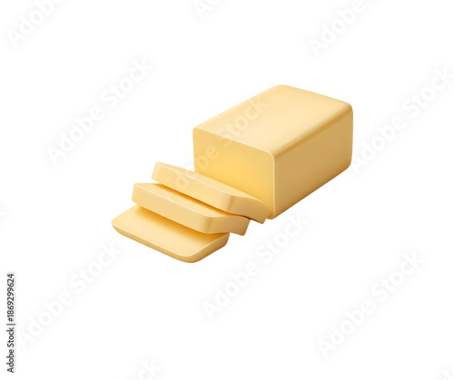 Isolated margarine still life a cube and three slices with wrapping dairy food ingredient. The butter is a rich, creamy yellow color, with a smooth and slightly glossy texture.