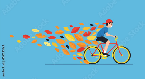 Illustration of boy riding a bicycle with colorful autumn leaves trailing behind him