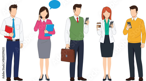 Modern Business Professionals Character Set with Coworkers Using Smartphones, Carrying Briefcase, and Holding Coffee.