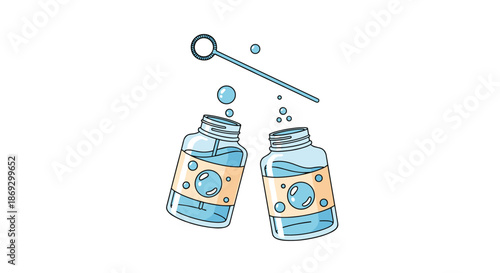 Two blue bottles of bubble solution with a single bubble wand and bubbles floating above are shown on a white background.