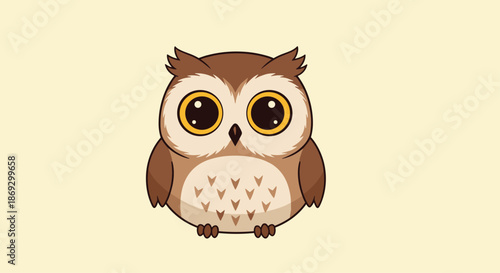 Adorable brown owl with large eyes and a fluffy chest is shown sitting on a pale yellow background for nature or wisdom themes.