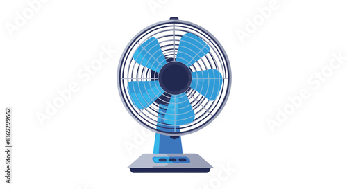 Modern electric desk fan with blue blades and a white base is shown for cooling or home appliance themed designs.