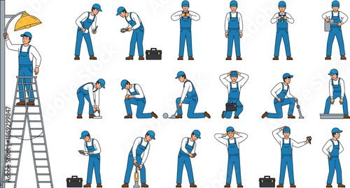 Professional Handyman or Electrician Character Set in Blue Overalls Performing Various Maintenance Tasks and Repairs.