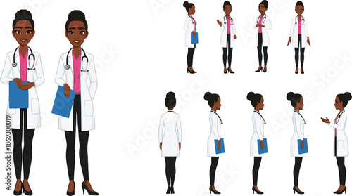 Black Female Doctor Character Set in White Lab Coat with Stethoscope and Medical Clipboard in Various Poses.