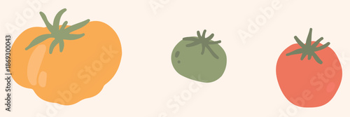 Art & Illustration Fresh red, yellow, and green tomatoes, vector illustration, healthy food, organic vegetables, for banners and web design