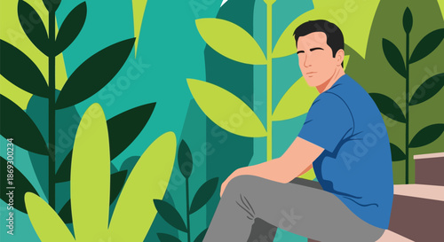 Illustration of a man sitting in a lush green jungle with large leaves and a vibrant teal background, looking thoughtfully into the distance