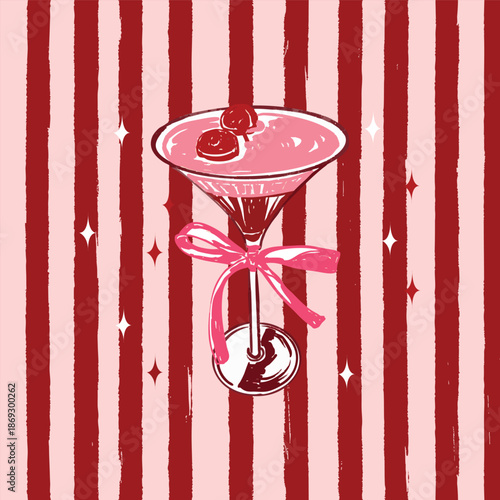 Cherry Cocktail on Retro Red Striped Background