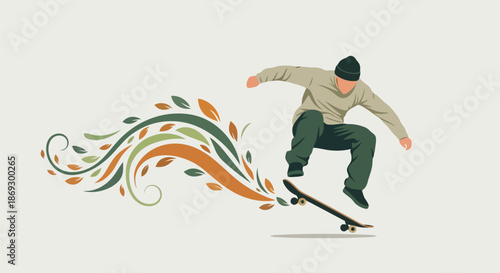 Illustration of a skateboarder performing a trick midair, with a swirling trail of colorful leaves and abstract shapes emanating from the skateboard