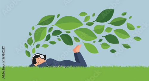 Illustration of person lying on grass wearing headphones with green leaves floating above their head, representing relaxation and nature