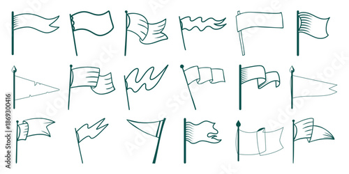 Collection of hand drawn dark teal flags and pennants white banner symbol