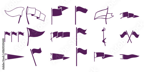 Collection of purple flag in various shapes and styles white banner pennant