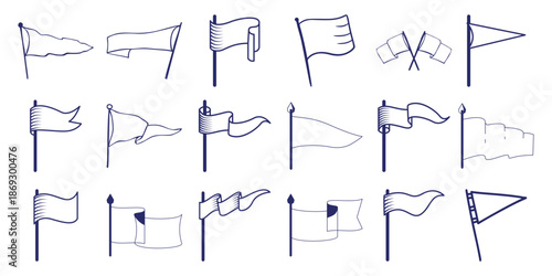 Collection of varied navy blue outline flags poles against white banner pennant