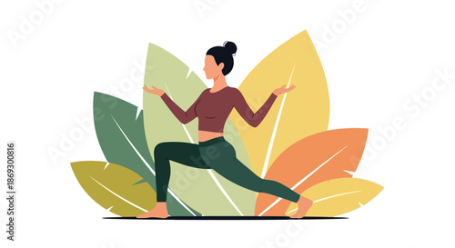 Illustration of woman performing warrior pose in yoga, with large colorful leaves in the background, promoting fitness and healthy lifestyle