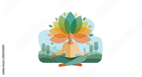 Illustration of person meditating in lotus position with colorful leaves forming a crown, symbolizing inner peace and spiritual growth