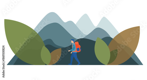Illustration of a person with a backpack walks through a mountainous landscape with large leaves framing the scene