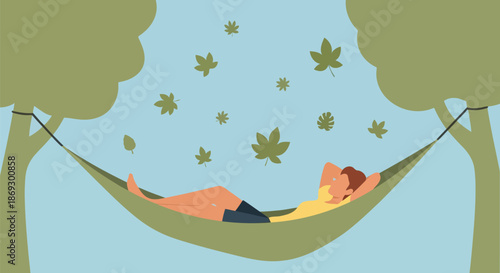 Illustration of a person relaxes in a hammock strung between two trees, with leaves falling around them