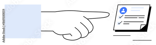 Hand pointing at a checklist with a user profile icon and two completed tasks. Ideal for organization, project management, decision-making, productivity, focus, accountability, simple flat metaphor