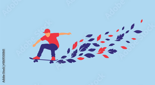 Illustration of skateboarder in midair, performing a trick with a trail of colorful leaves flowing behind, symbolizing dynamic movement and autumn
