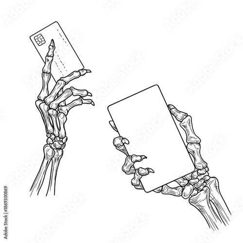 Skeleton hand holding sign and bank card, set, sketch. Vector illustration. Skeleton hand with bony fingers, isolated on white background. Suitable for banners, Halloween signs, and various occasions.