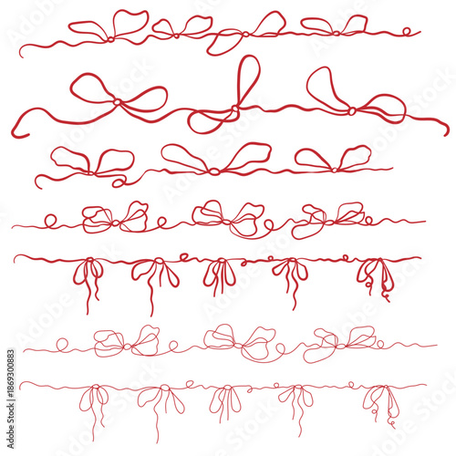 Red bows and ribbons, hand-drawn borders. Vector illustration. Festive bows isolated on a white background. For holidays, Valentine's Day, greeting cards, and invitations.vintage hand drawn set.