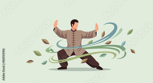 Illustration of a man in traditional chinese clothing performs tai chi, surrounded by swirling green and blue energy and falling leaves