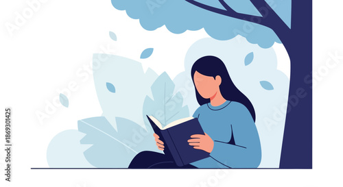 Illustration of a woman sits under a tree, engrossed in reading a book, with soft blue foliage and leaves in the background