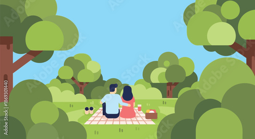 Illustration of couple enjoying a romantic picnic in a lush green park surrounded by trees on a clear blue sky day, with a picnic basket and blanket