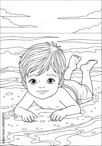 A boy is sunbathing on the sea beach. coloring book
