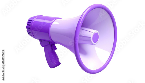 A 3D rendered, purple and white megaphone, isolated against a transparent black background, for promotional use. It has a hand grip
