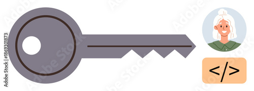 Digital security, user access, identity verification, coding, online authentication, data protection. Visual of a key, user profile icon and coding tag. Digital security and user access concept