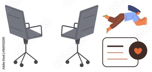 Work-life balance, office culture, productivity, creativity, self-care, teamwork. Two office chairs, flying person data chart with heart icon. Work-life balance and productivity concept