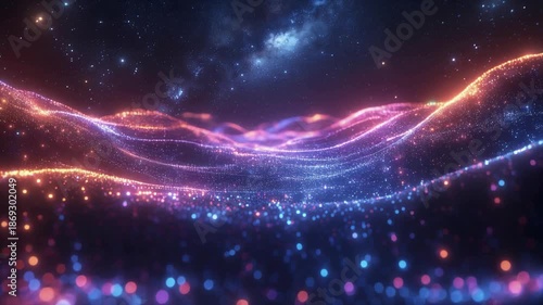 Abstract Particle Waves Flowing in Dynamic Neon Colors Against Starry Sky